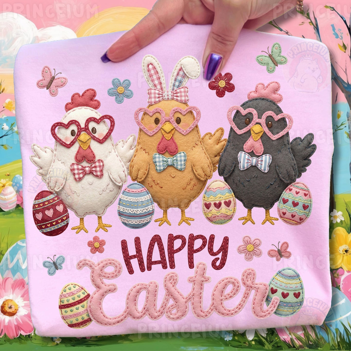 Happy Easter PNG, Cute Chickens with Heart Glasses, Patchwork Farm Easter Clipart