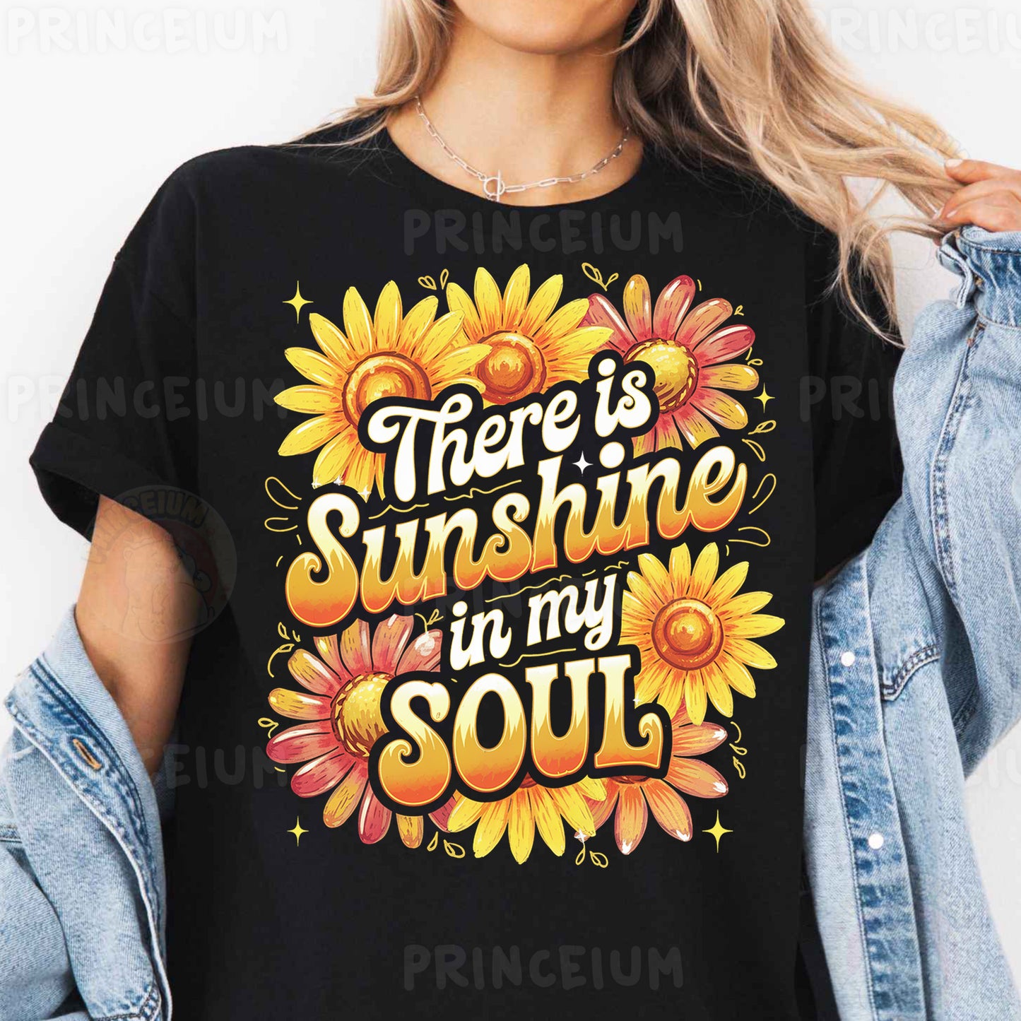 a woman wearing a black shirt that says there is sunshine in my soul