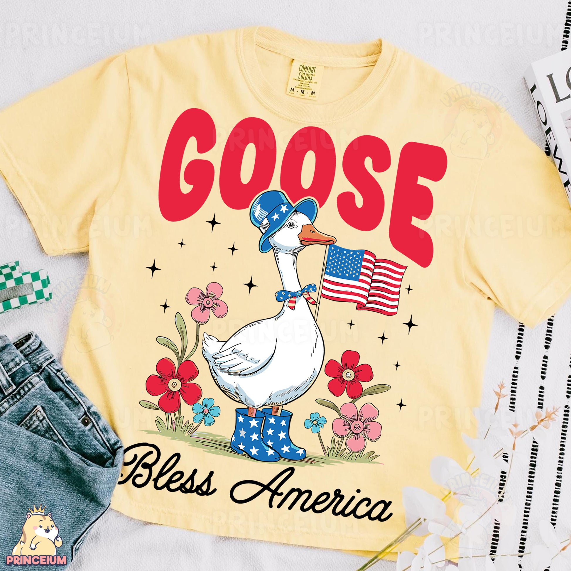 a goose with an american flag on a yellow shirt
