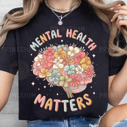 a woman wearing a t - shirt that says mental health matters