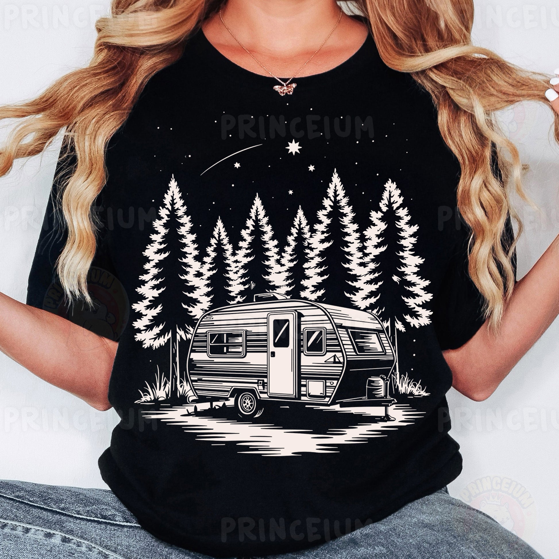 a woman wearing a black shirt with a camper on it