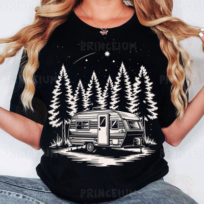 a woman wearing a black shirt with a camper on it