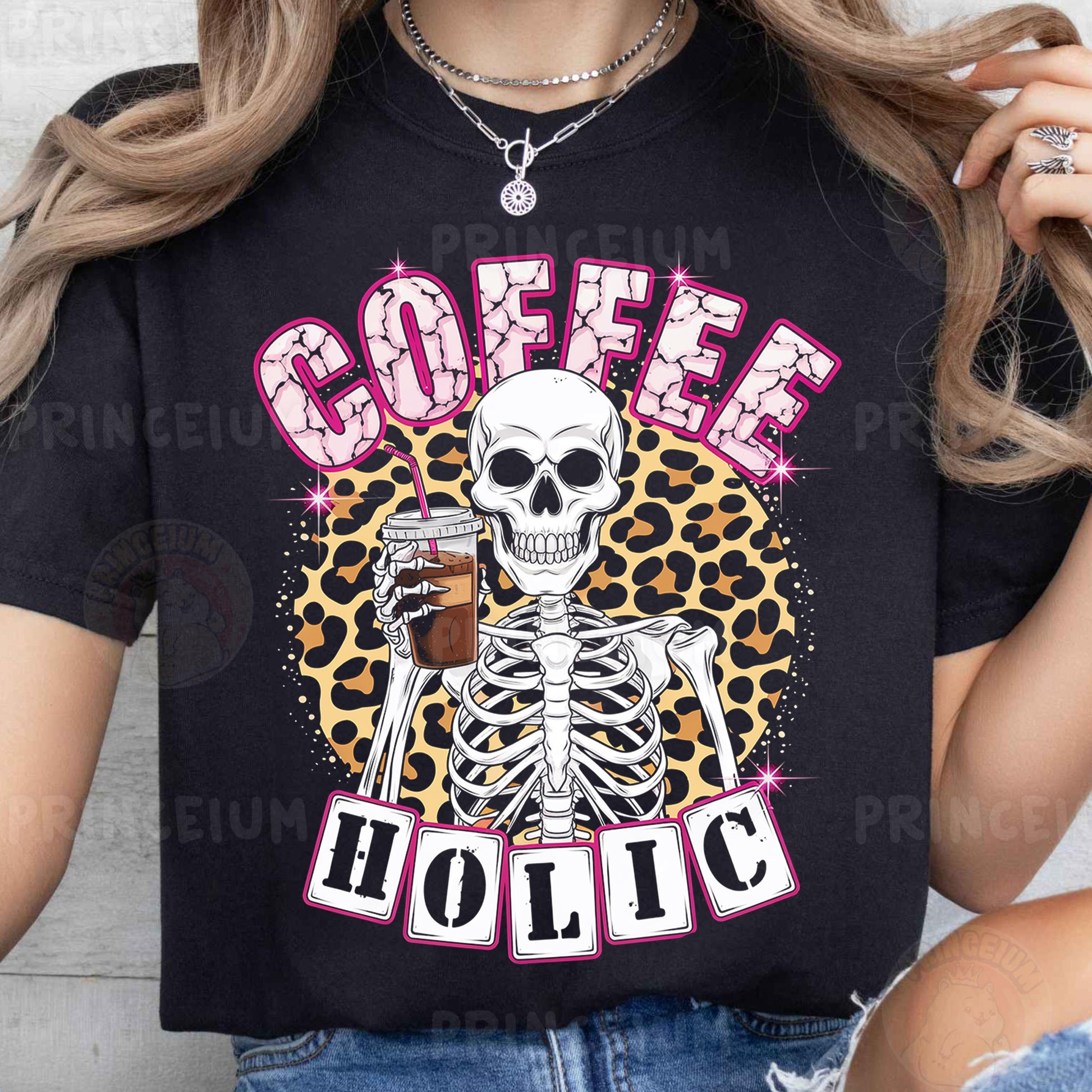 a woman wearing a black coffee holic t - shirt