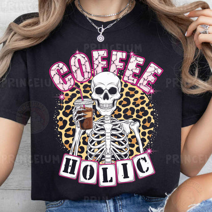 a woman wearing a black coffee holic t - shirt