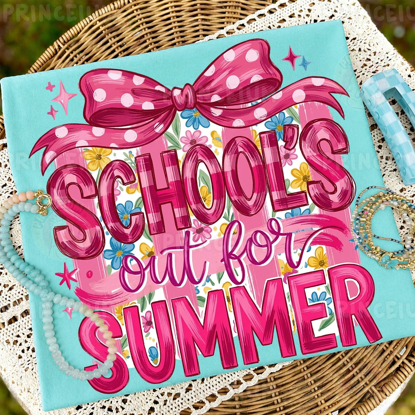 School's Out For Summer Sublimation Design PNG | Pink Bow Floral Digital Download