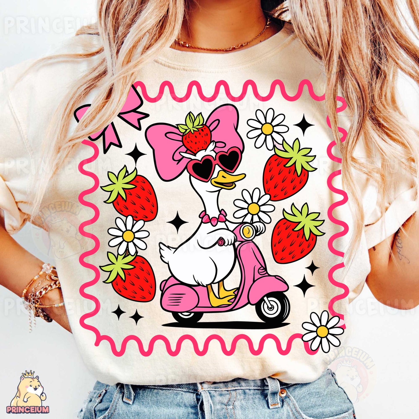 a woman wearing a t - shirt with an image of a dog on a sc