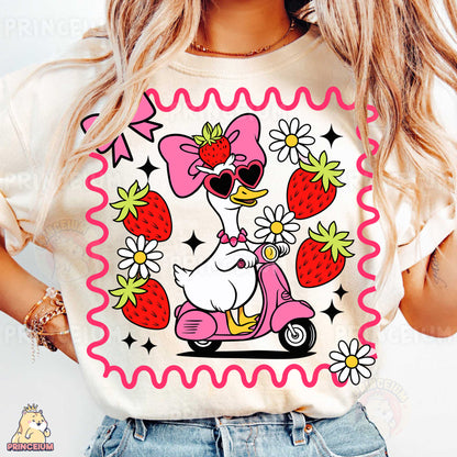 a woman wearing a t - shirt with an image of a dog on a sc