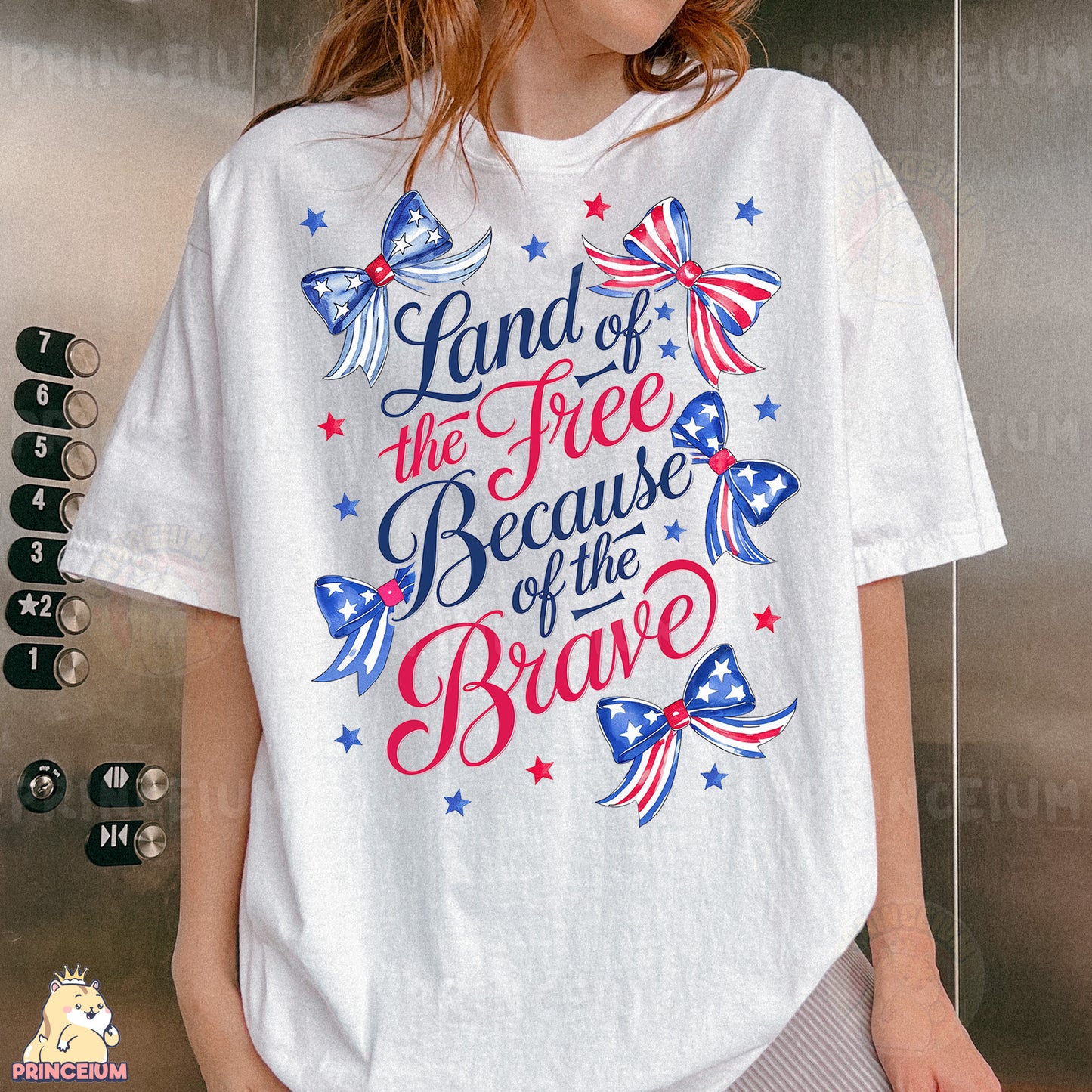 a woman wearing a white t - shirt that says land of the free because of