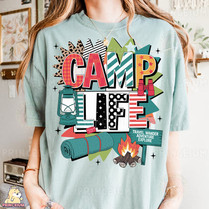 a woman wearing a t - shirt that says camp time