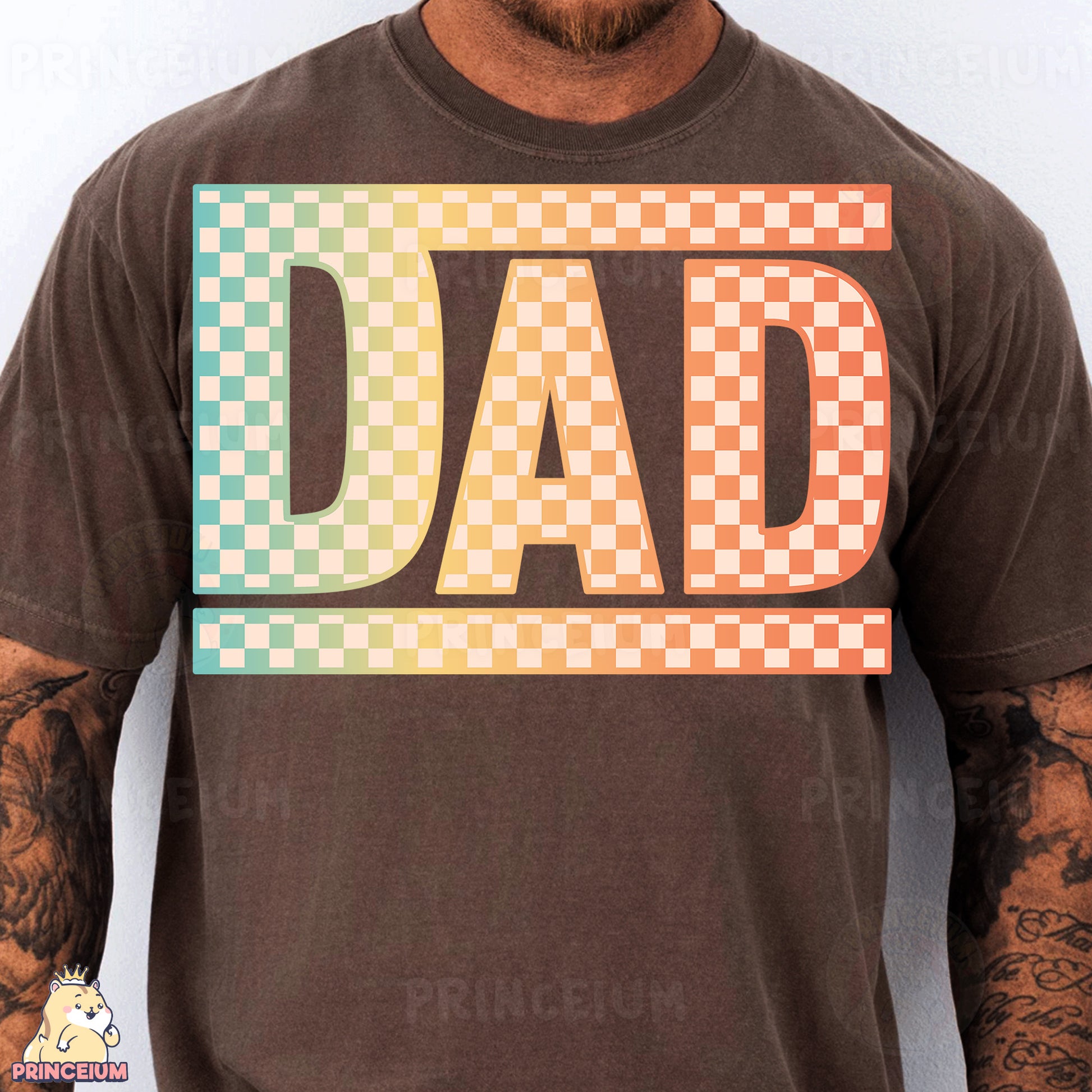 a man wearing a t - shirt with the word dad printed on it