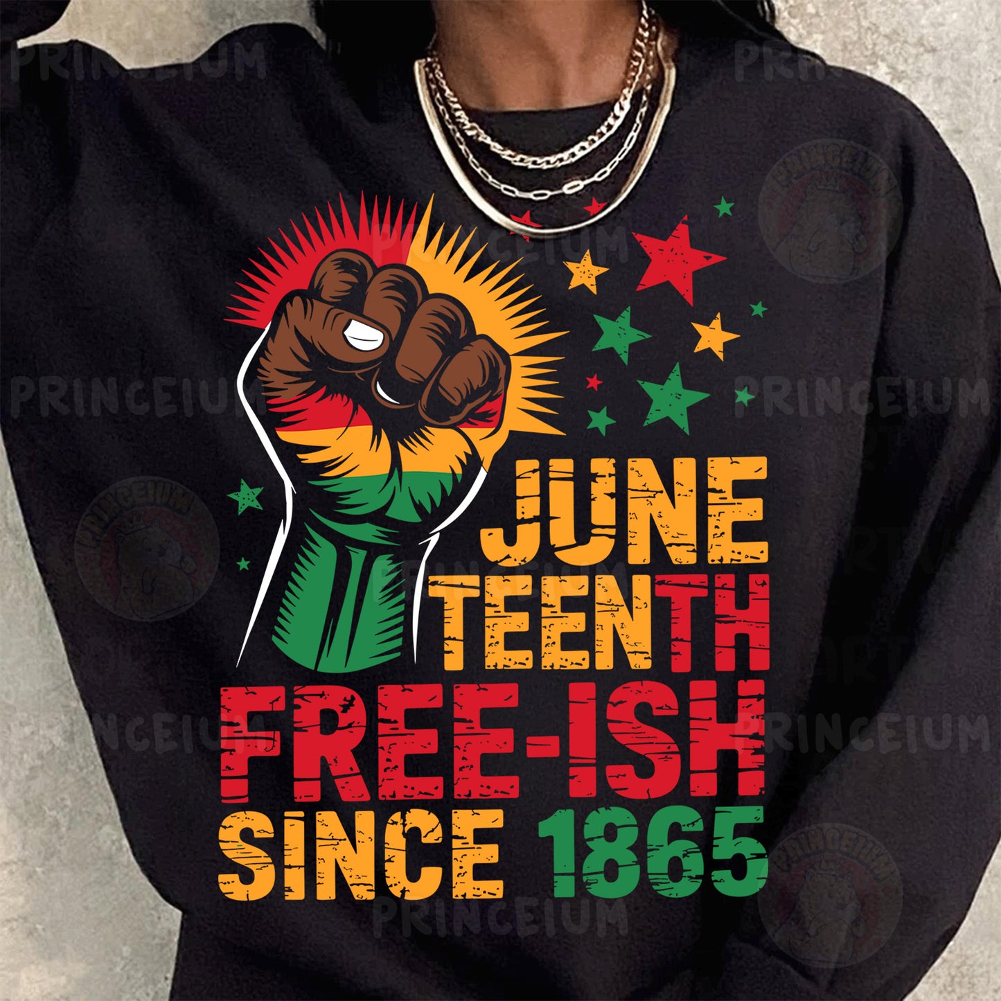 a woman wearing a black shirt with a fist on it