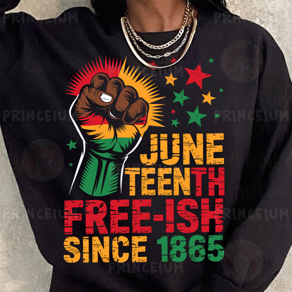 a woman wearing a black shirt with a fist on it
