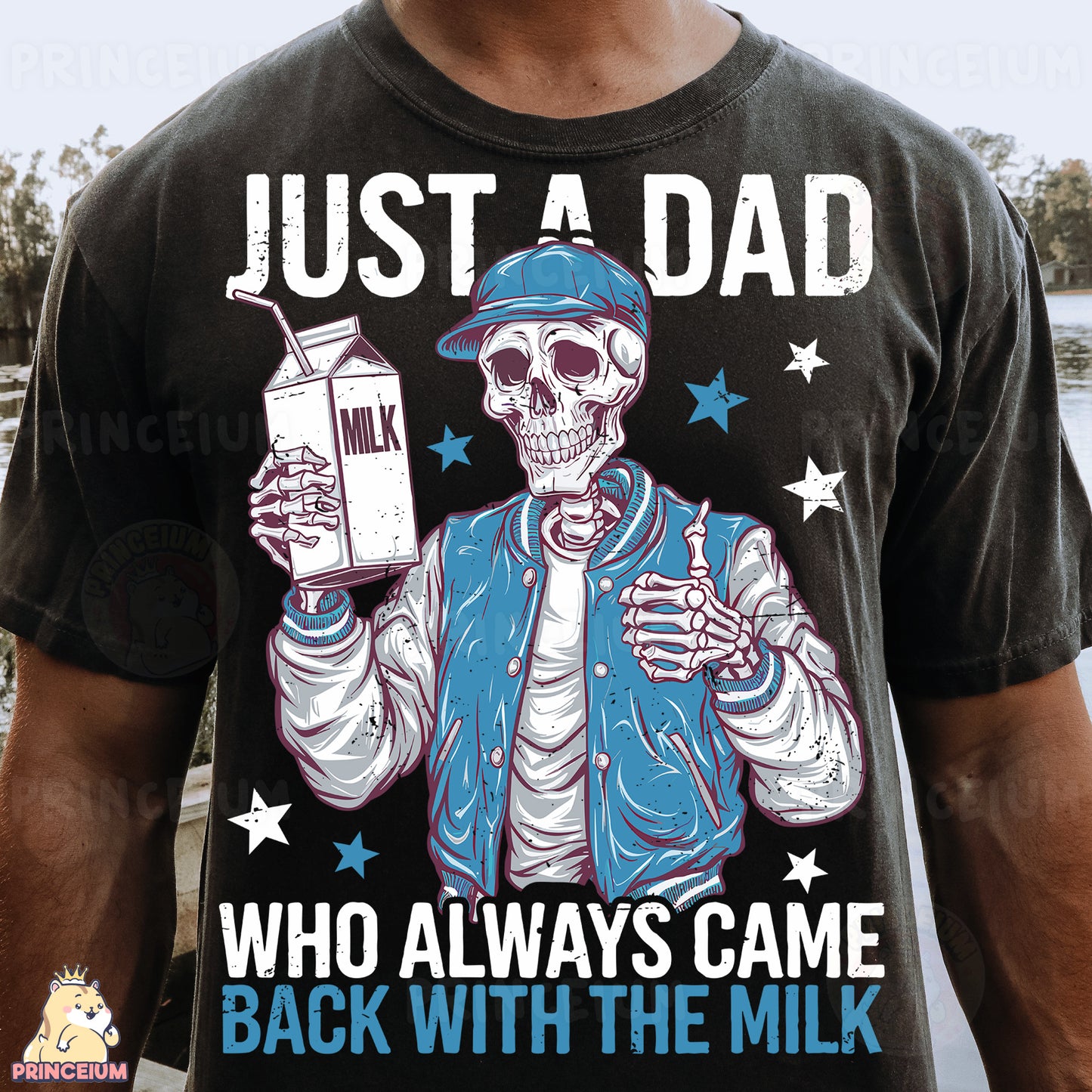 a man wearing a t - shirt that says just a dad who always came back