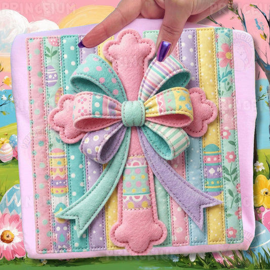 Easter Cross PNG, Pastel Patchwork Bow Cross Art, Christian Spring Faith Clipart Design