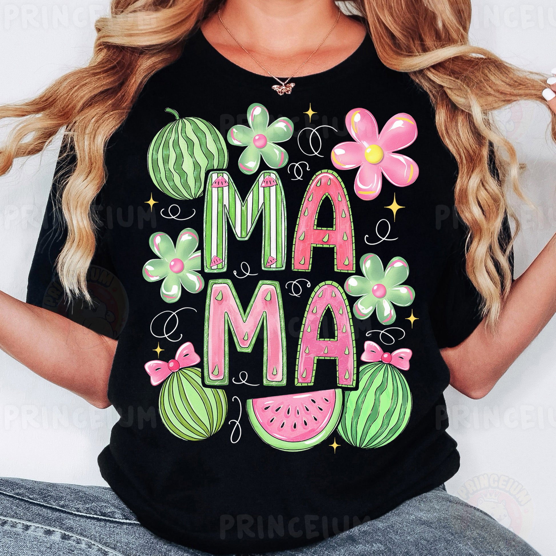 a woman wearing a black t - shirt with a watermelon design