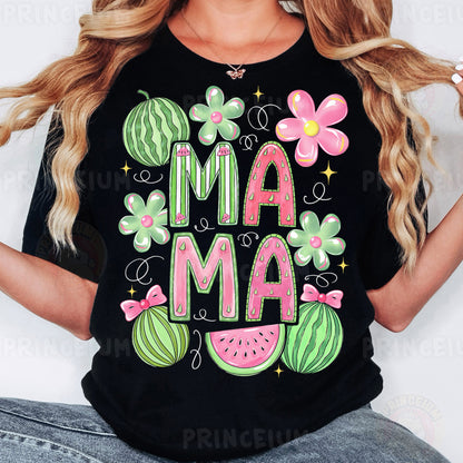 a woman wearing a black t - shirt with a watermelon design