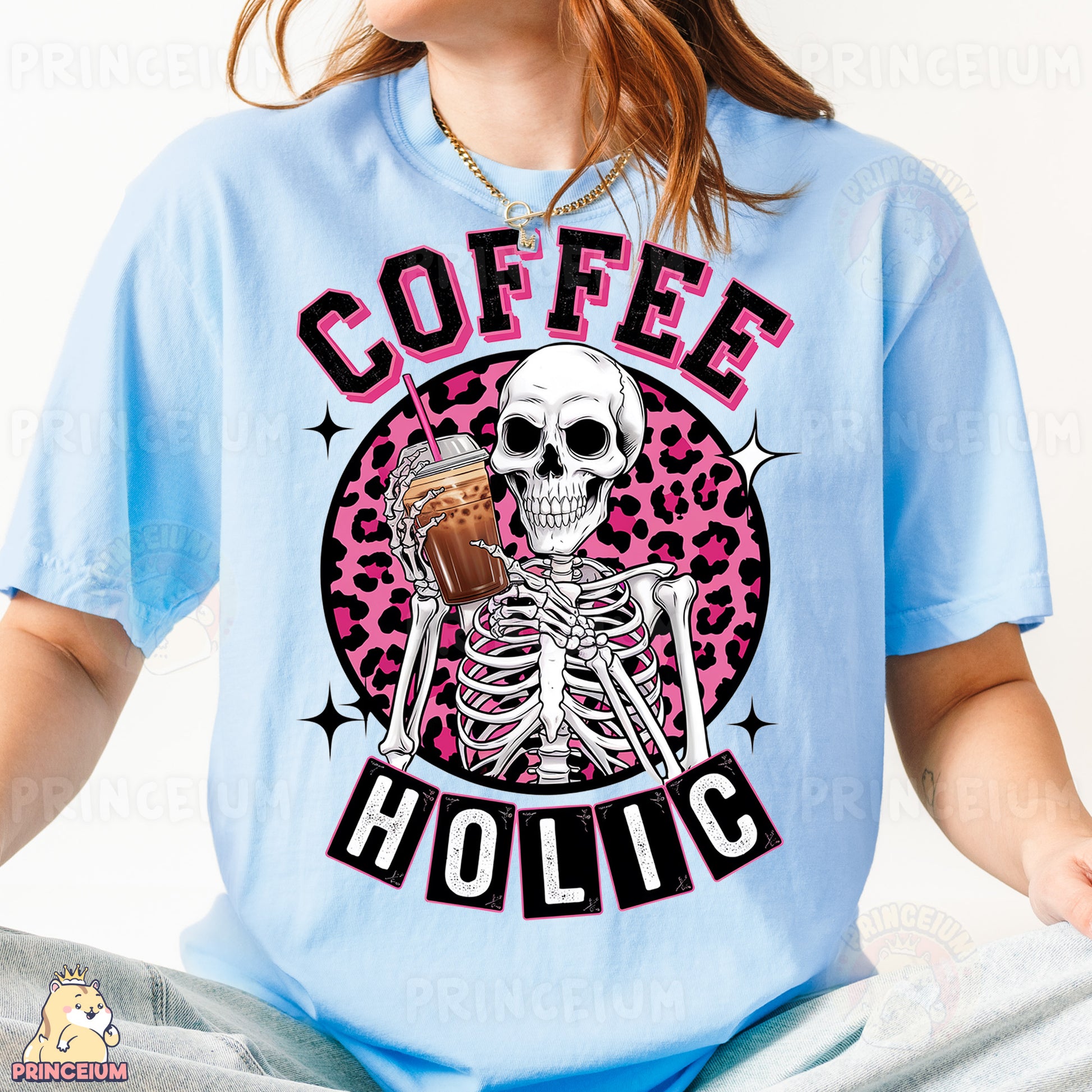 a woman wearing a blue coffee holic t - shirt