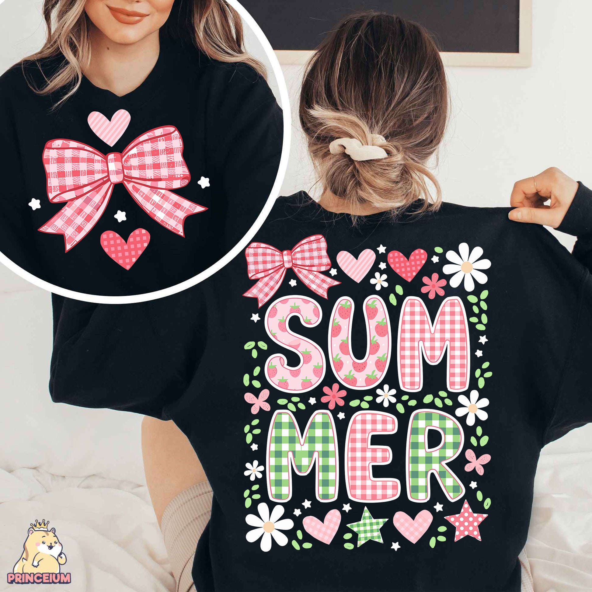 a woman wearing a black shirt with a pink bow on it