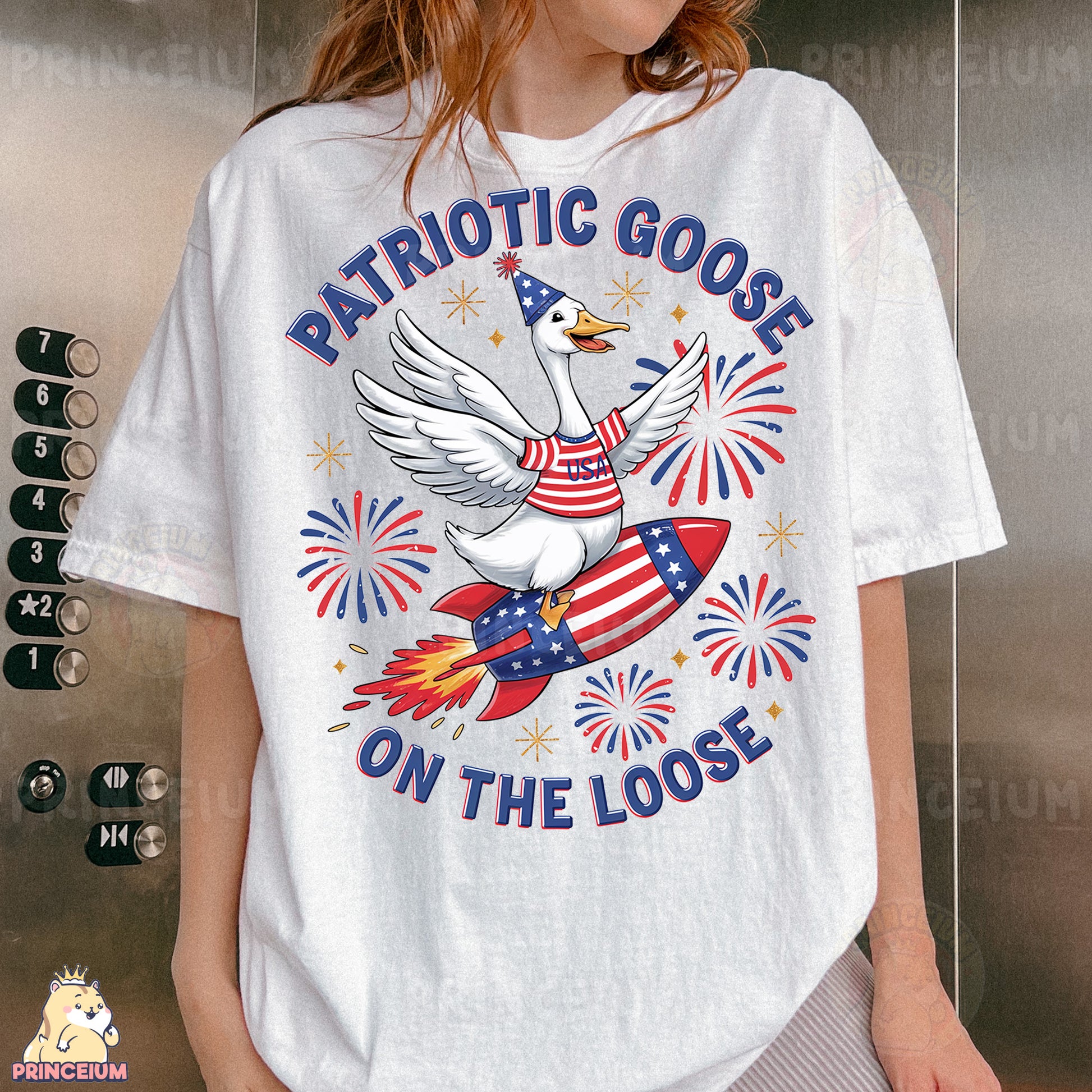 a woman wearing a patriotic goose on the loose t - shirt