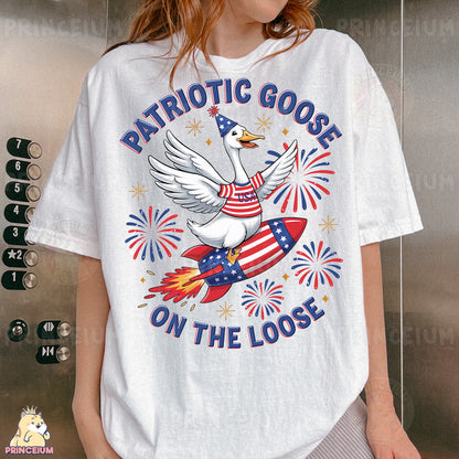 a woman wearing a patriotic goose on the loose t - shirt
