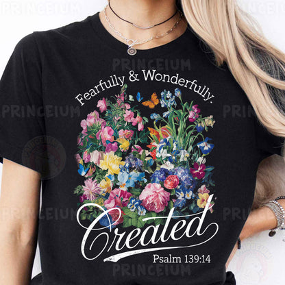 a woman wearing a black t - shirt with a picture of a bouquet of flowers