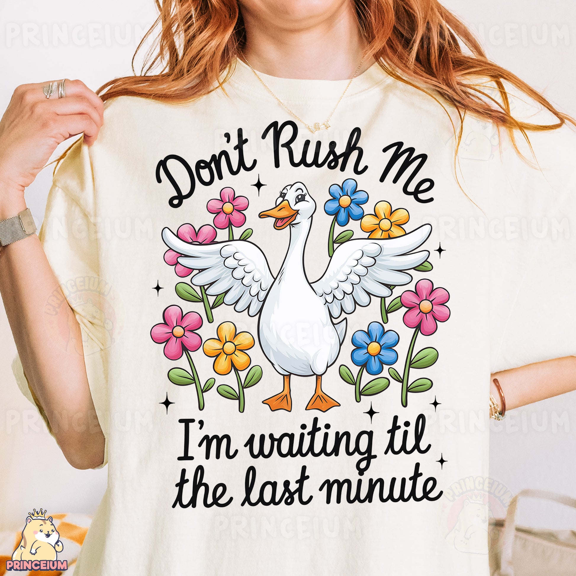 a woman wearing a t - shirt that says don't rush me i '