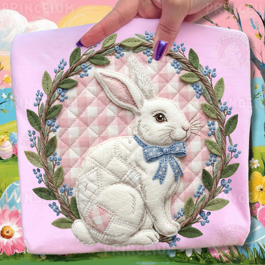 Vintage Easter Bunny PNG, Patchwork Rabbit Wreath Art, Cottagecore Spring Clipart Design