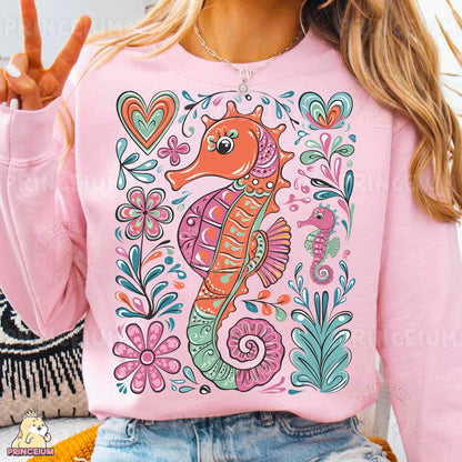 Colorful Seahorse PNG | Boho Floral Ocean Animal Sublimation Design