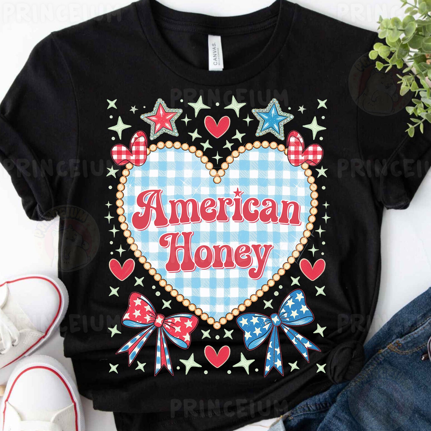 an american honey heart with stars and bows on a black shirt