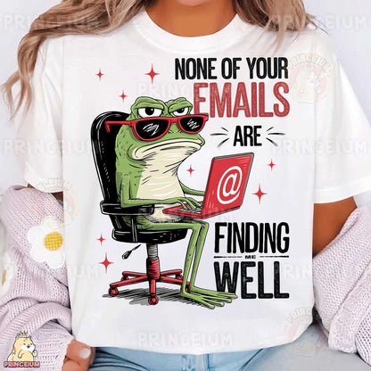 a woman wearing a white shirt with a frog on it