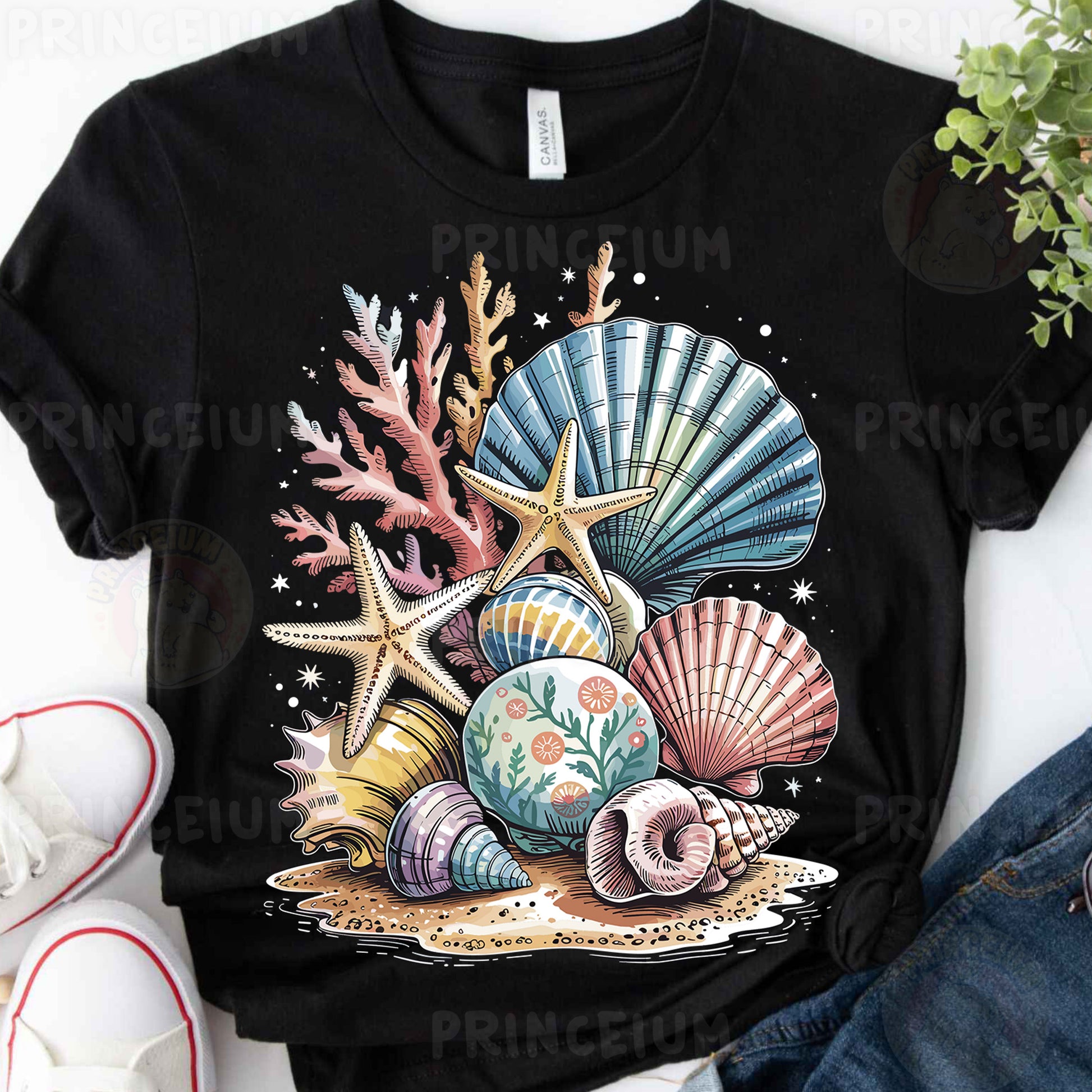 a t - shirt with seashells and starfish on it