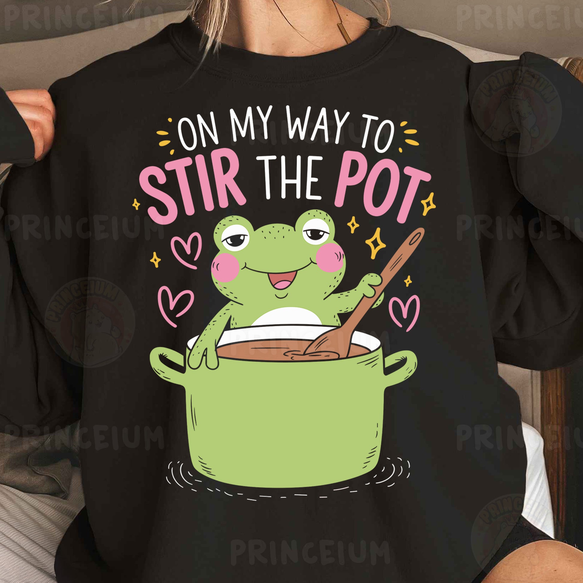 a woman wearing a t - shirt that says, on my way to stir the