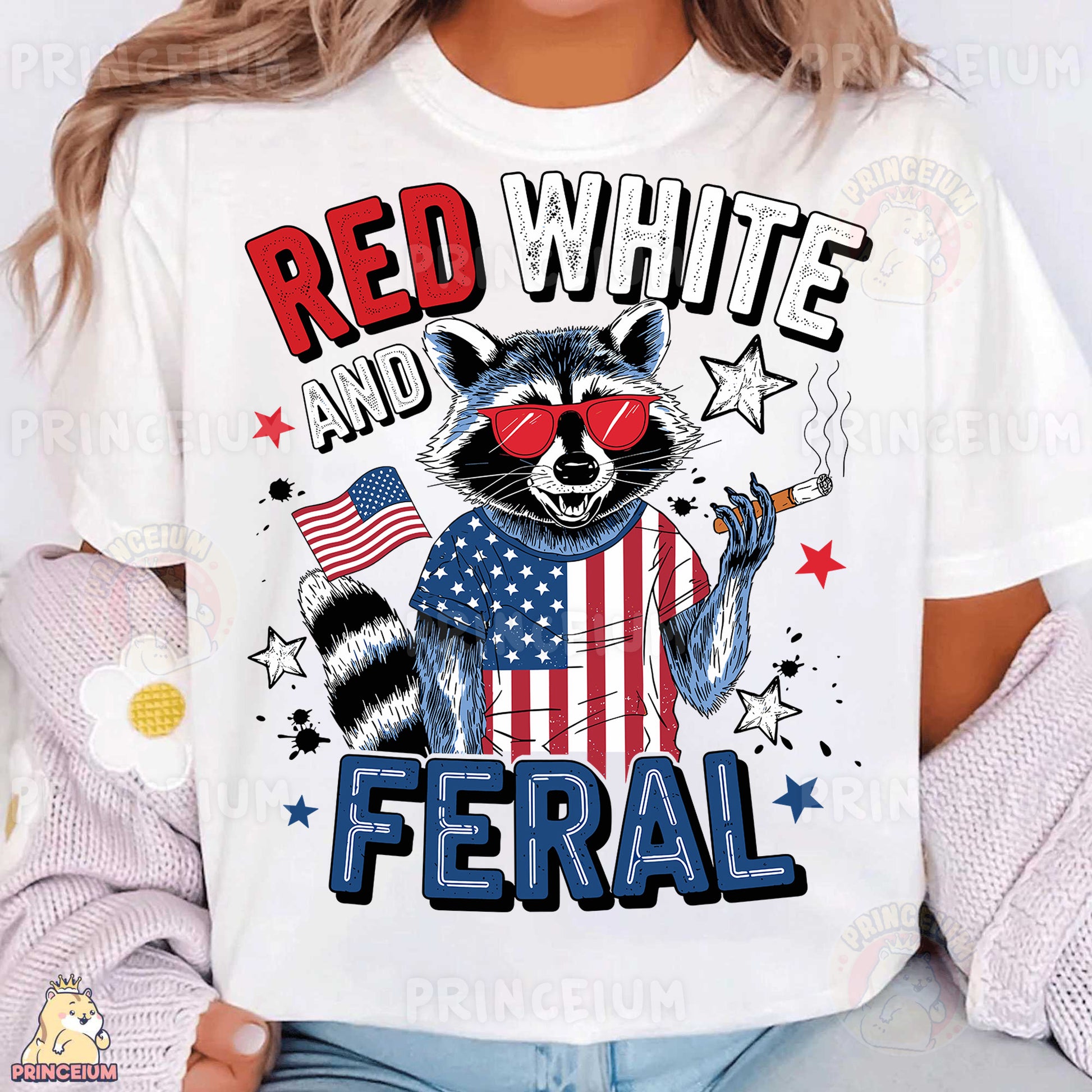 a woman wearing a red white and blue shirt