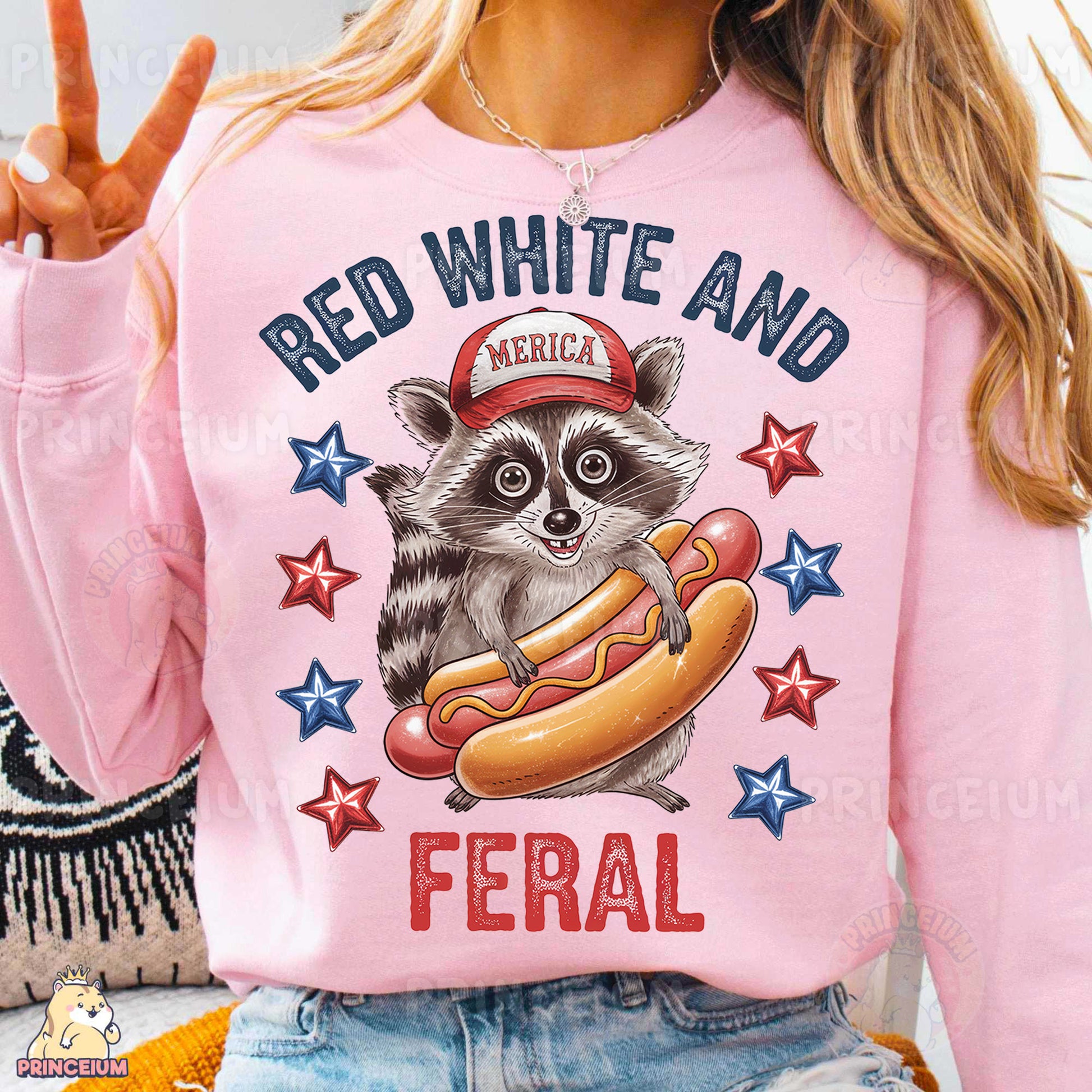 a woman wearing a pink shirt with a raccoon on it