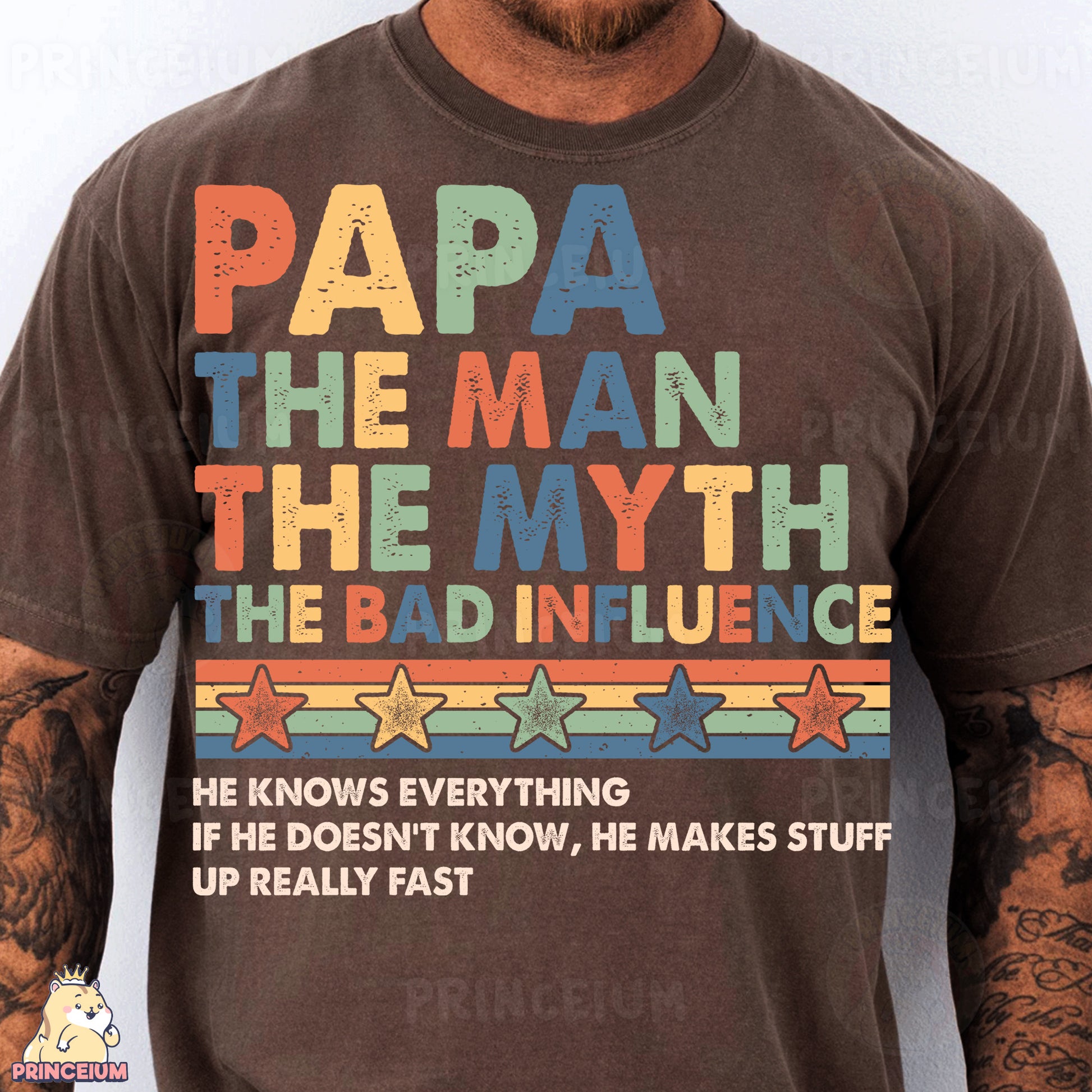 a man wearing a brown papa the man the myth t - shirt