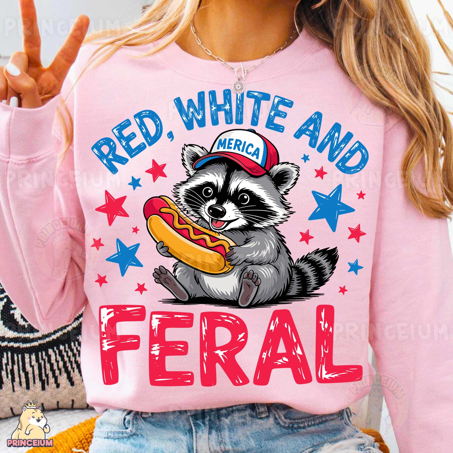 a woman wearing a red, white and blue shirt with a raccoon eating
