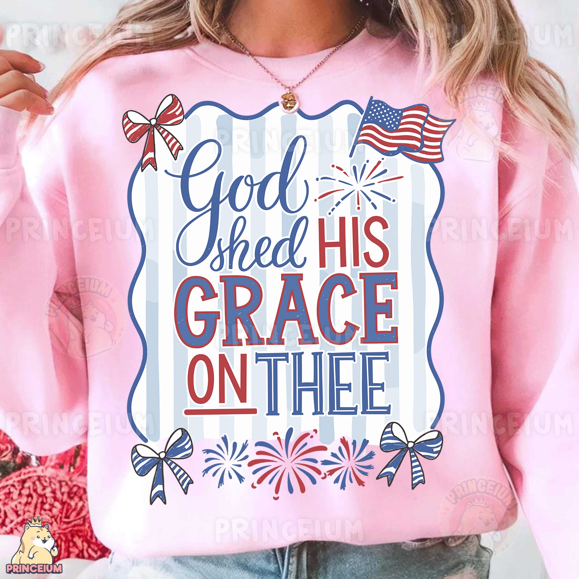 a woman wearing a pink sweatshirt with a patriotic design
