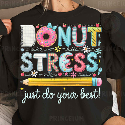 a woman wearing a donut stress t - shirt