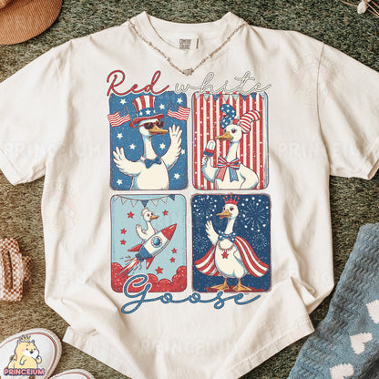 a white t - shirt with a picture of two geese on it