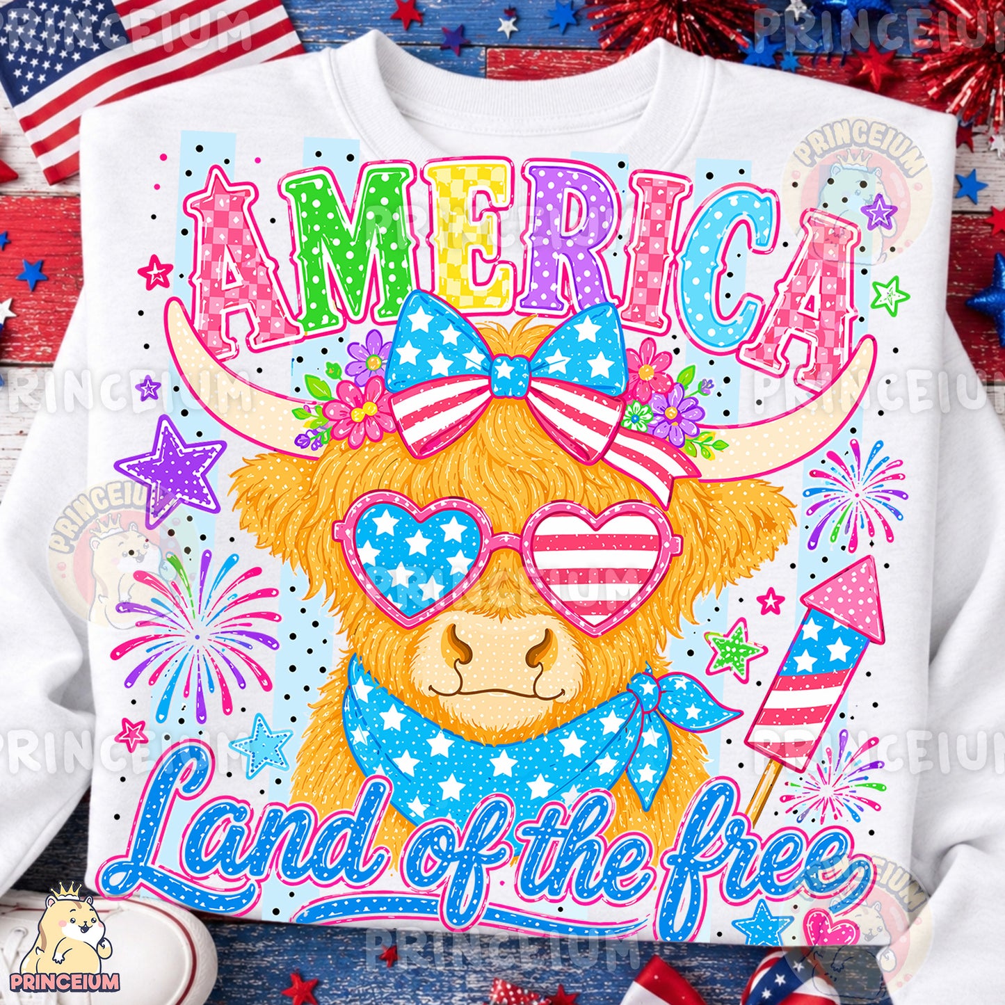 America Land of the Free PNG, Patriotic Highland Cow 4th of July Design, Americana Sublimation Graphic
