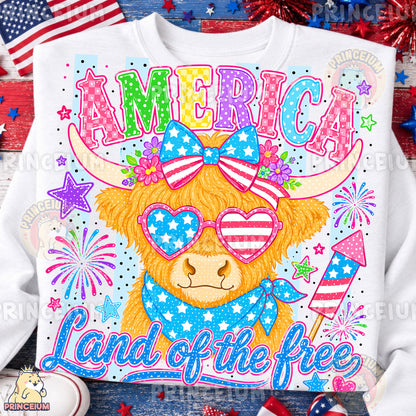 America Land of the Free PNG, Patriotic Highland Cow 4th of July Design, Americana Sublimation Graphic