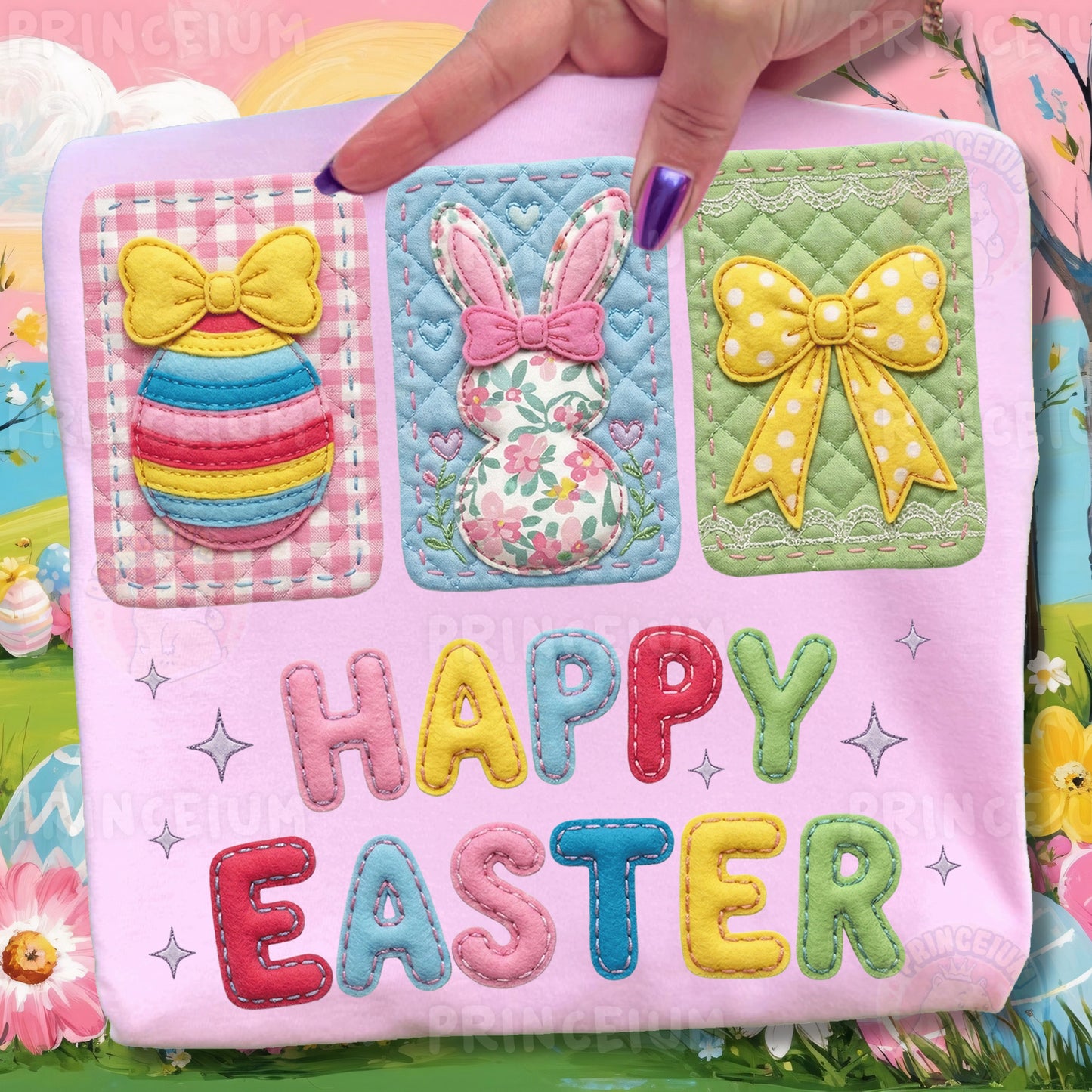 Happy Easter PNG, Patchwork Bunny Egg Bow Cards Art, Cute Colorful Spring Clipart Design