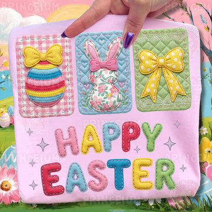 Happy Easter PNG, Patchwork Bunny Egg Bow Cards Art, Cute Colorful Spring Clipart Design
