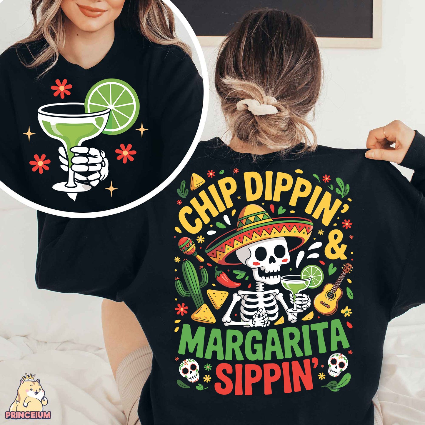 a woman wearing a black shirt that says chip dippin'8 margarita sipin