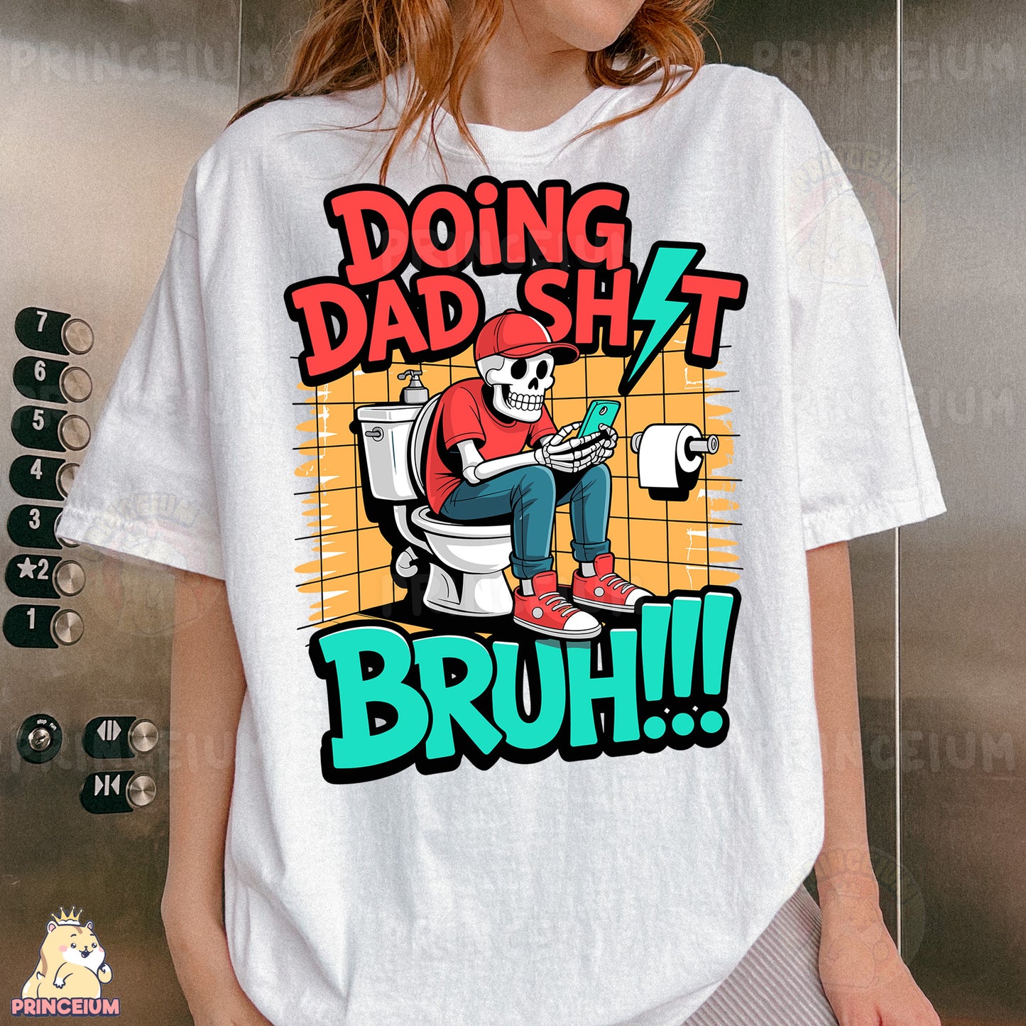 a woman wearing a t - shirt with a picture of a skeleton on the toilet