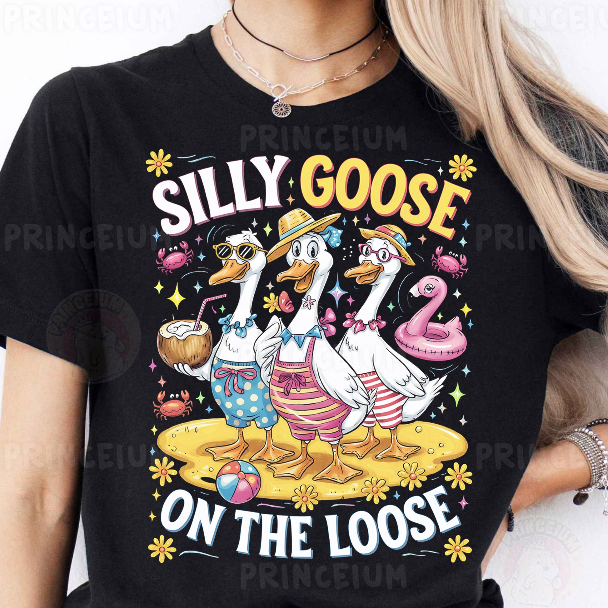 a woman wearing a t - shirt that says silly goose on the loose