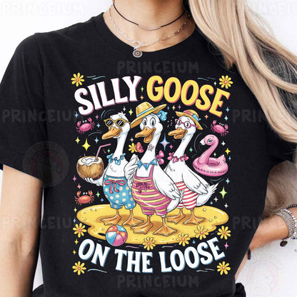 a woman wearing a t - shirt that says silly goose on the loose