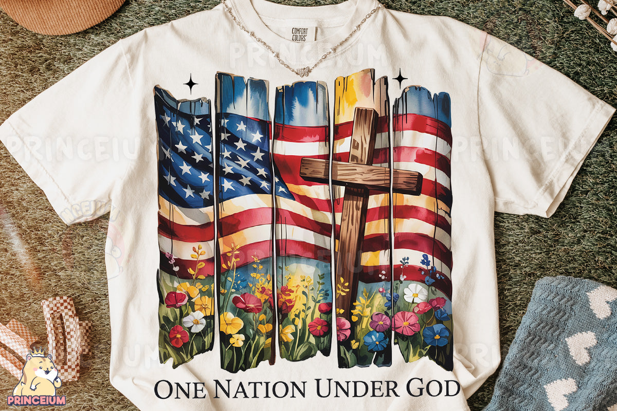 a t - shirt with a cross and american flags on it