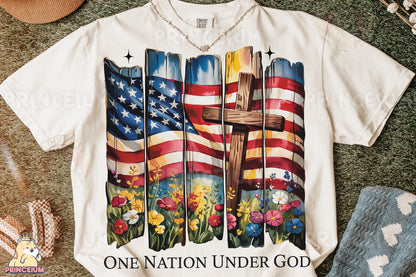 a t - shirt with a cross and american flags on it