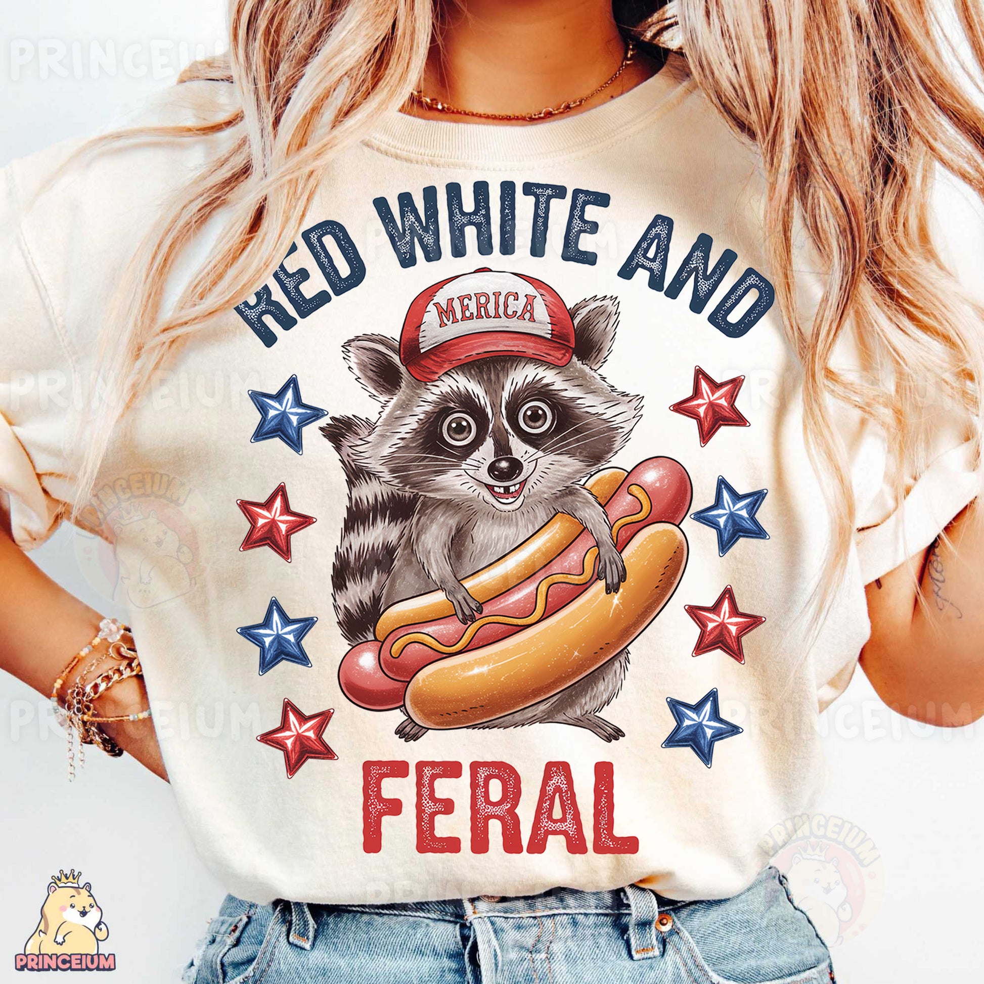 a woman wearing a shirt with a raccoon on it